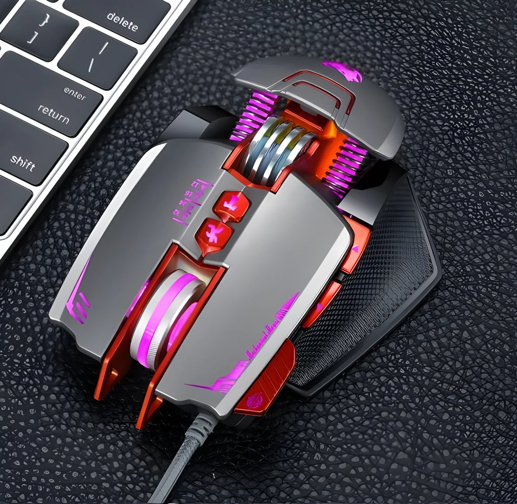 Black Thunder Wolf V9 wired gaming mouse with 6 buttons on an ergonomic shape.