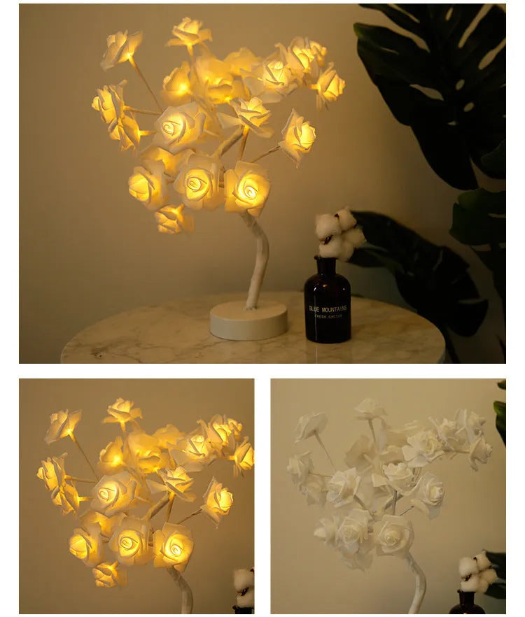 White and red rose flower LED table lamp with bonsai tree garland on a wooden table.