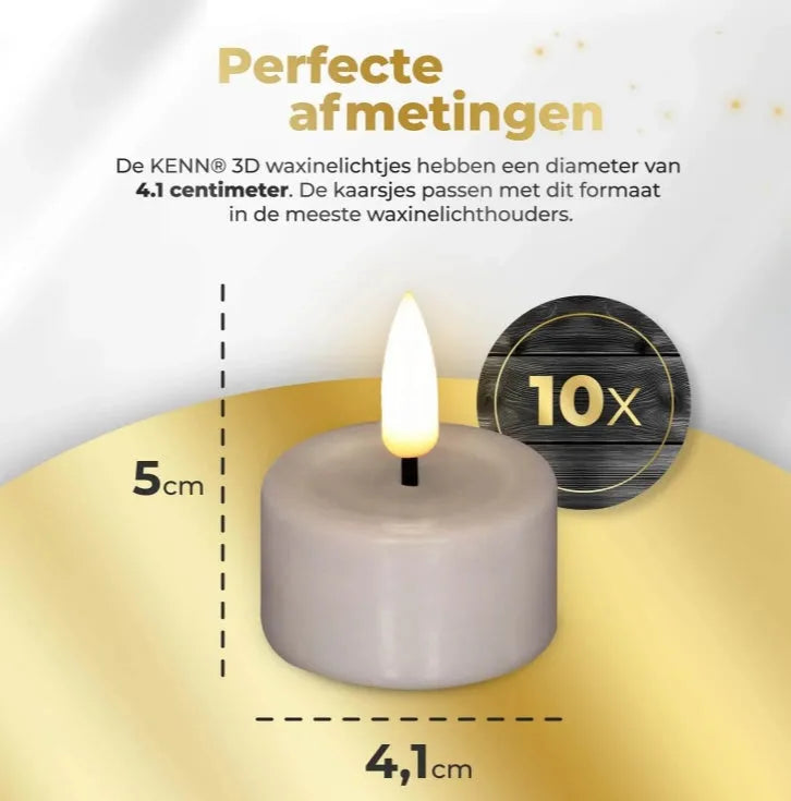 Four taupe-coloured S10 3D Flame LED tealight candles with flickering orange light.