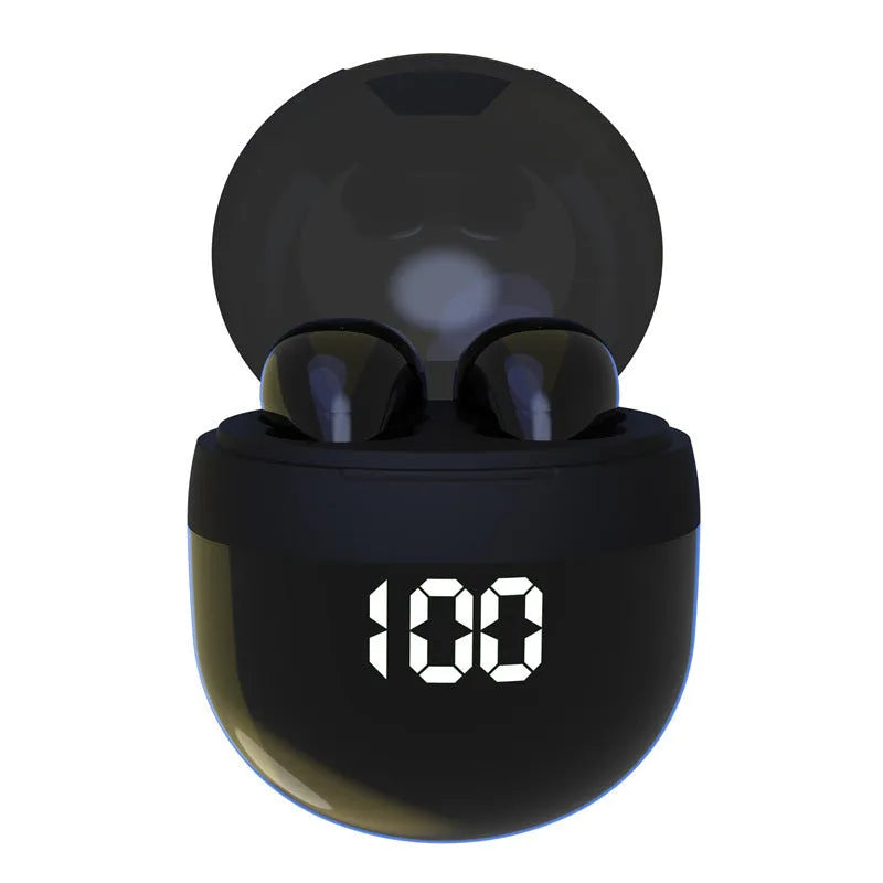 Sports TWS in-ear Bluetooth headset in black with digital display showing battery level