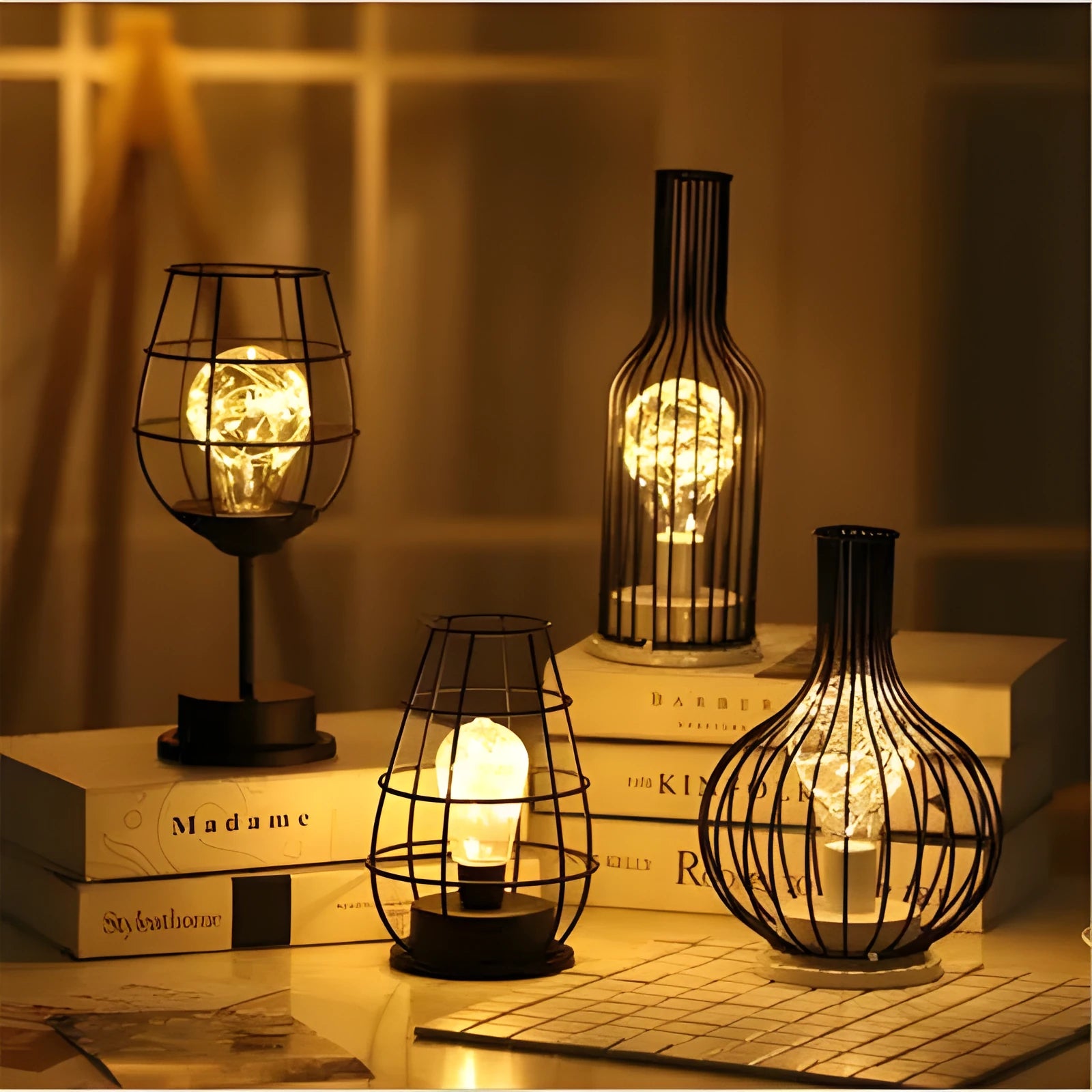 Minimalist wrought iron hollow table lamp in selected style with warm white LED lighting