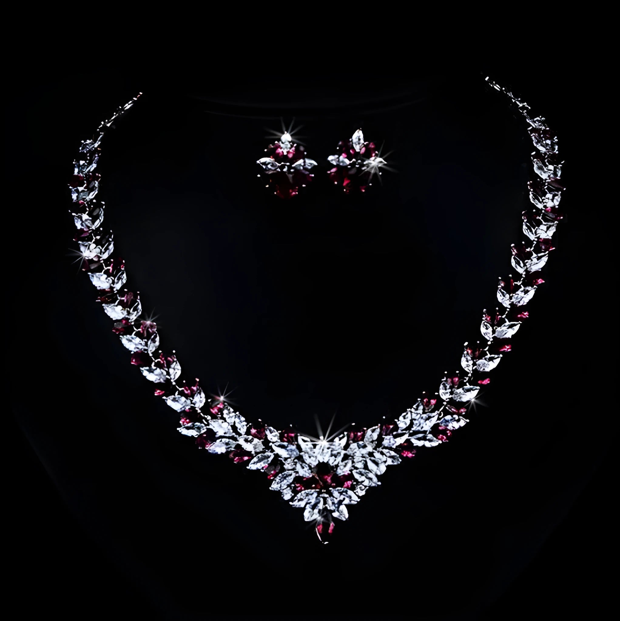 Zircon flower stud necklace set with earrings, gold-plated copper, adjustable 51-80cm box chain, floral pattern