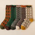 Women's mid-calf combed cotton double-knit retro ripple socks in mixed colours, jacquard pattern