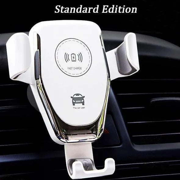 Black car wireless charger mount holding an iPhone on a car ventilation vent