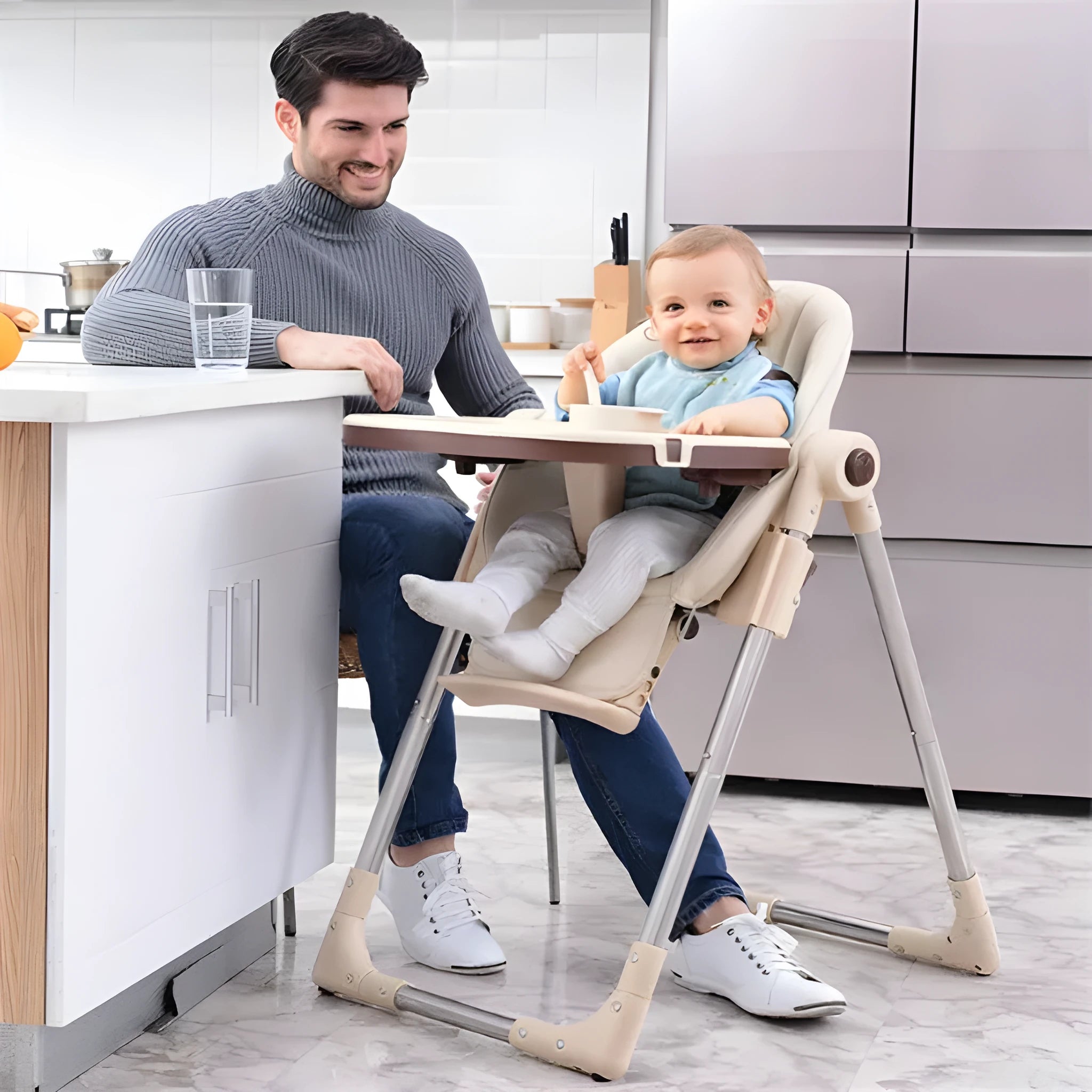 Baby chair for toddlers in blue, gold, green, or pink, made from eco-friendly plate with a stable, non-wheeled base.