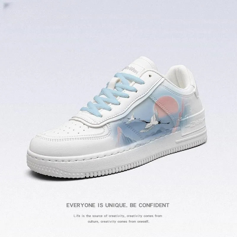 White crane board sneakers low top artificial PU cartoon style white with sky blue laces unisex spring shoes