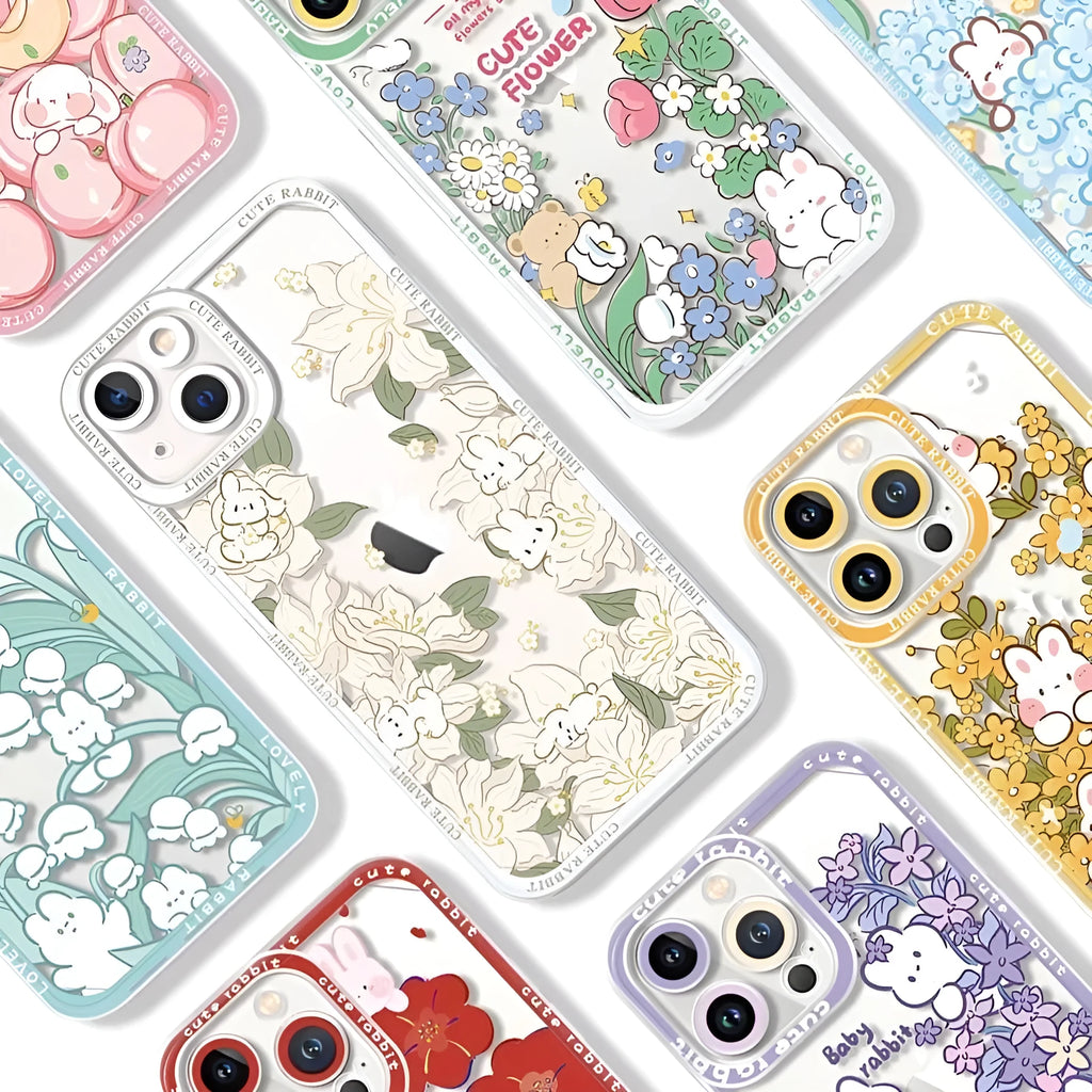 UV printed transparent TPU phone case with Angel Eyes rabbit and flower design for Apple iPhone 15 Pro Max
