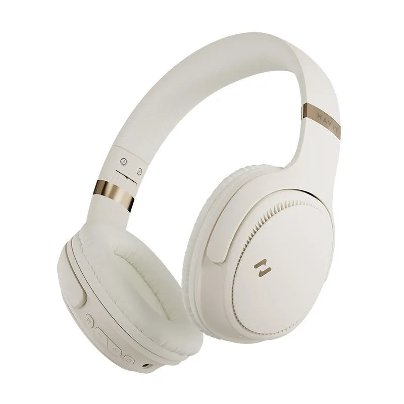 Black and cream wireless Bluetooth gaming headset with over-ear design and noise reduction