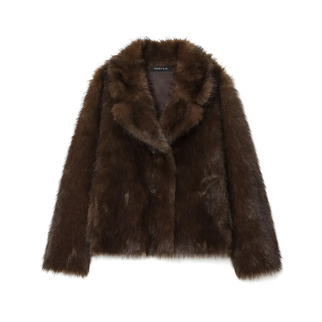 Women's brown artificial fur effect jacket coat with faux fur collar, long sleeves and 50cm length