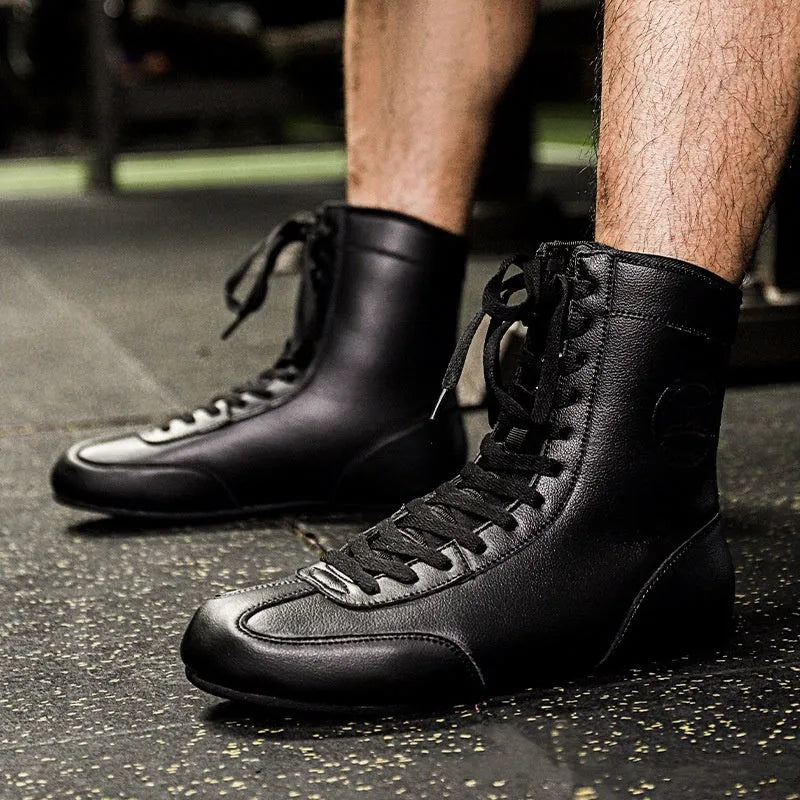 Black gold mesh and white leather professional boxing shoes with non-slip sole for wrestling training