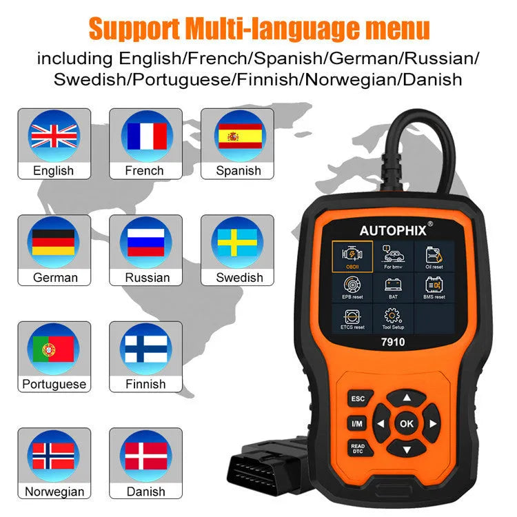 Autophix 7910 BMW diagnostic scanner with display screen and OBD2 connection cable