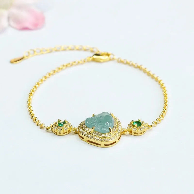 Emerald blue water jade bracelet with inlaid Maitreya Buddha design for women, measuring 10x13mm.