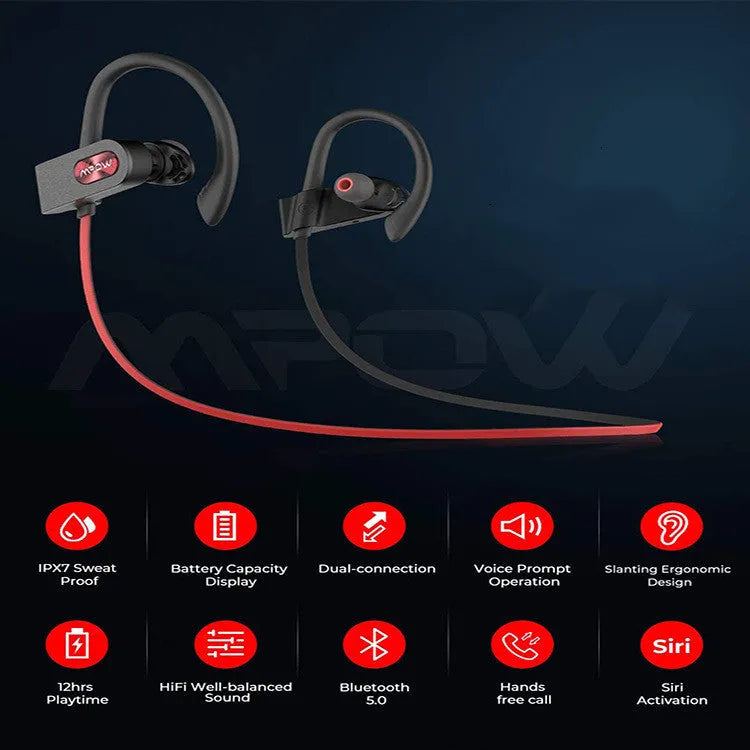 Flame2 hanging ear Bluetooth headset in red, black, or pink with bilateral stereo design