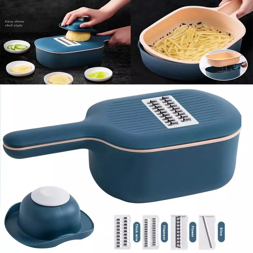 Dark blue scoop vegetable cutter with four stainless steel blades, hand guard and drain basket on a kitchen worktop