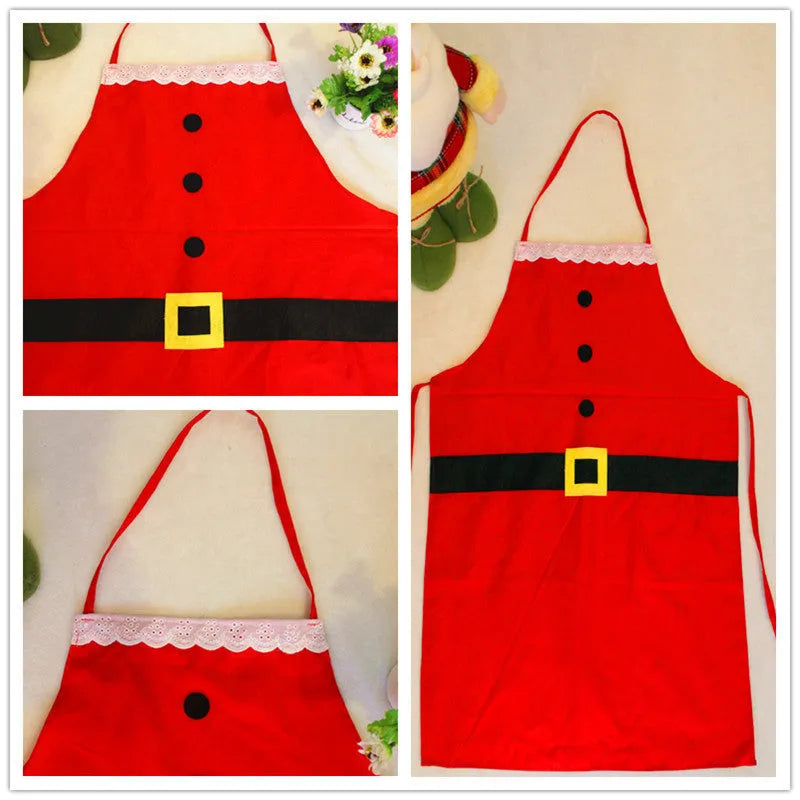 Red polyester Christmas apron shown in adult and children's sizes on a kitchen background