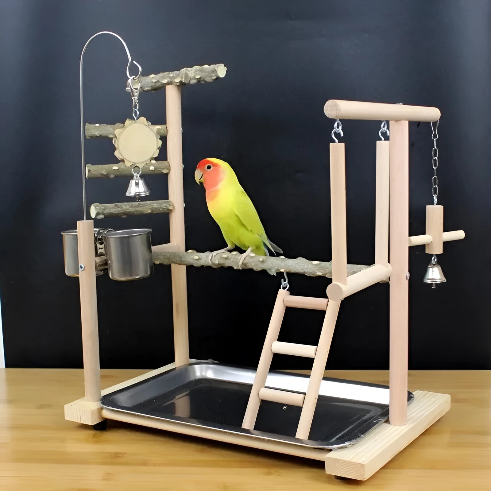 Pepper wood parrot toy stand with tiger skin peony pattern and sub-stand pole