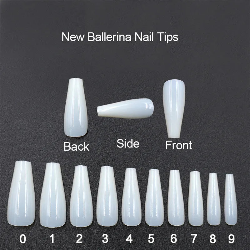 500 clear and natural ballet false nails in a bag showing various sizes of ABS plastic tips