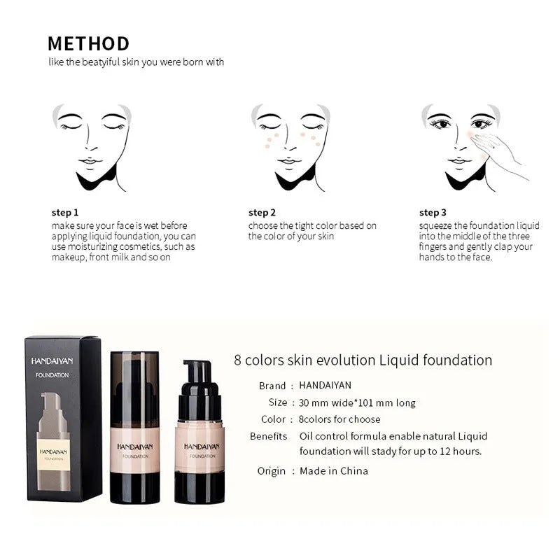 HANDAIYAN full cover liquid foundation bottle with waterproof and moisturising formula in eight colour options for dark skin