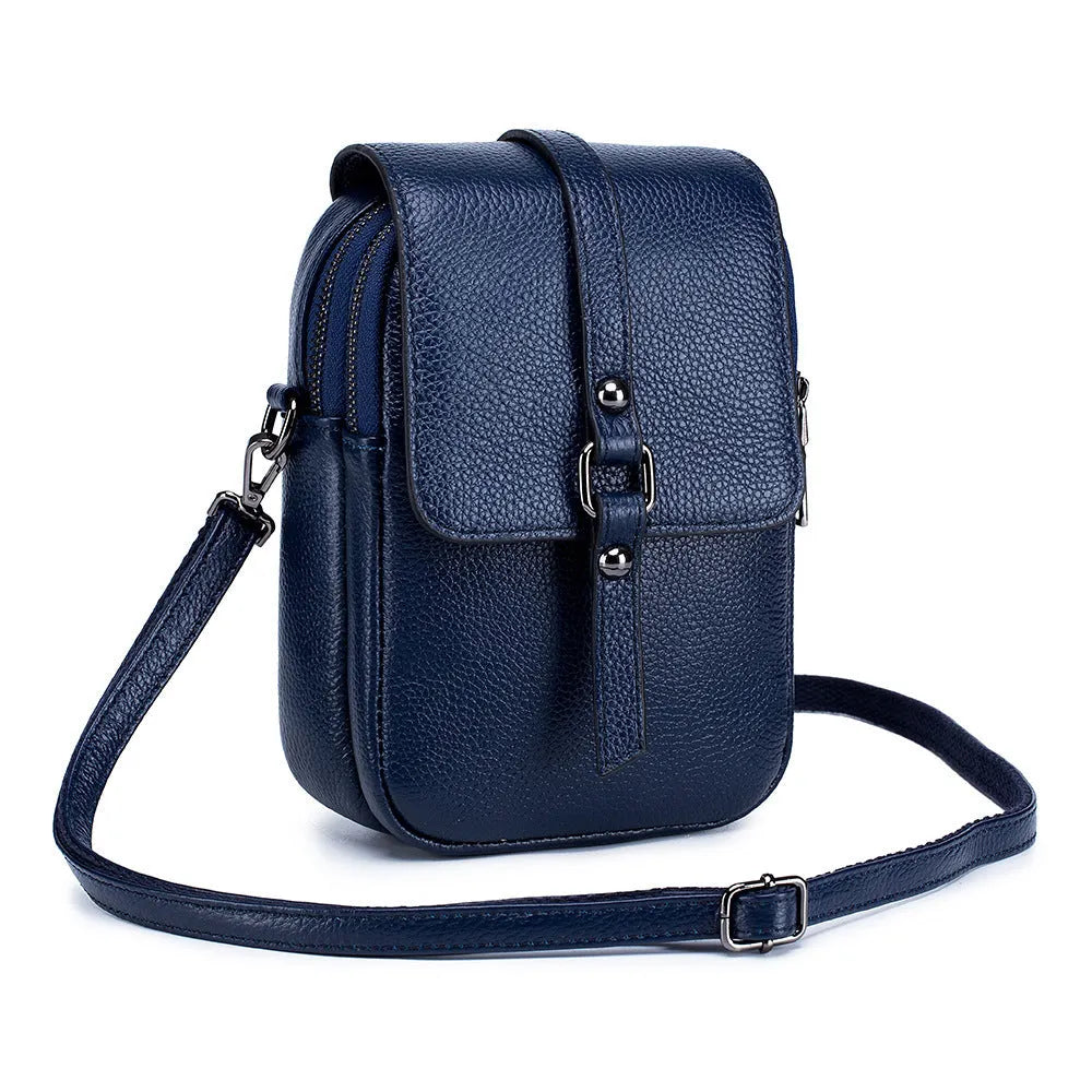 Top layer leather diagonal shoulder bag for women in square vertical shape with cover-type opening and passport pocket