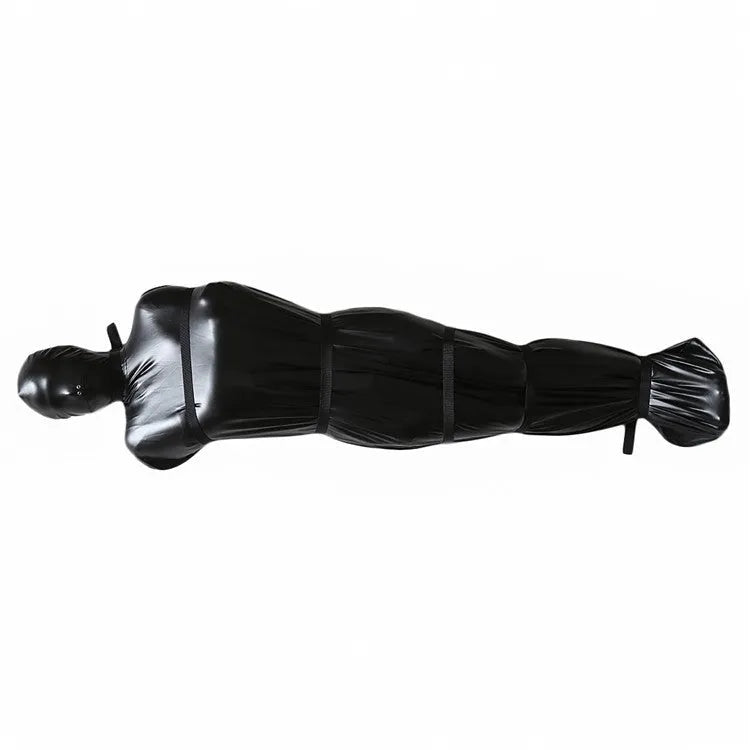 Black patent leather bondage garment with six ratchet tie-down straps for adult restraint