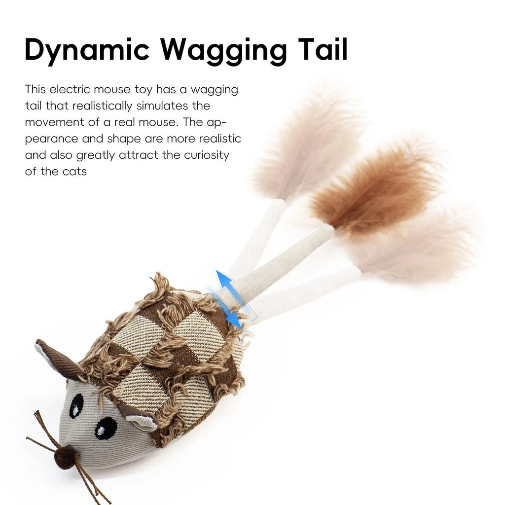 Blue electronic moving mouse cat toy with feather and sound box, showing 18cm length