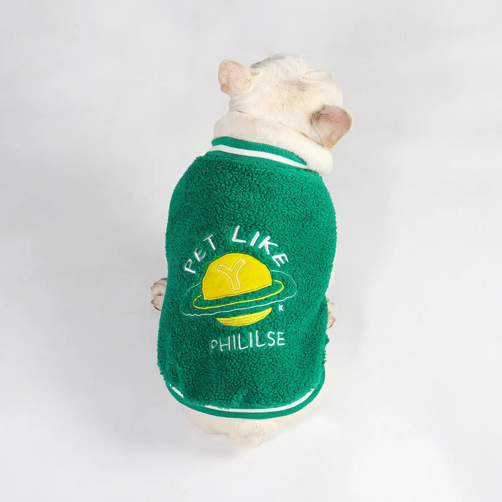 Green dog winter jacket with fleece lining shown in sizes L to 4XL