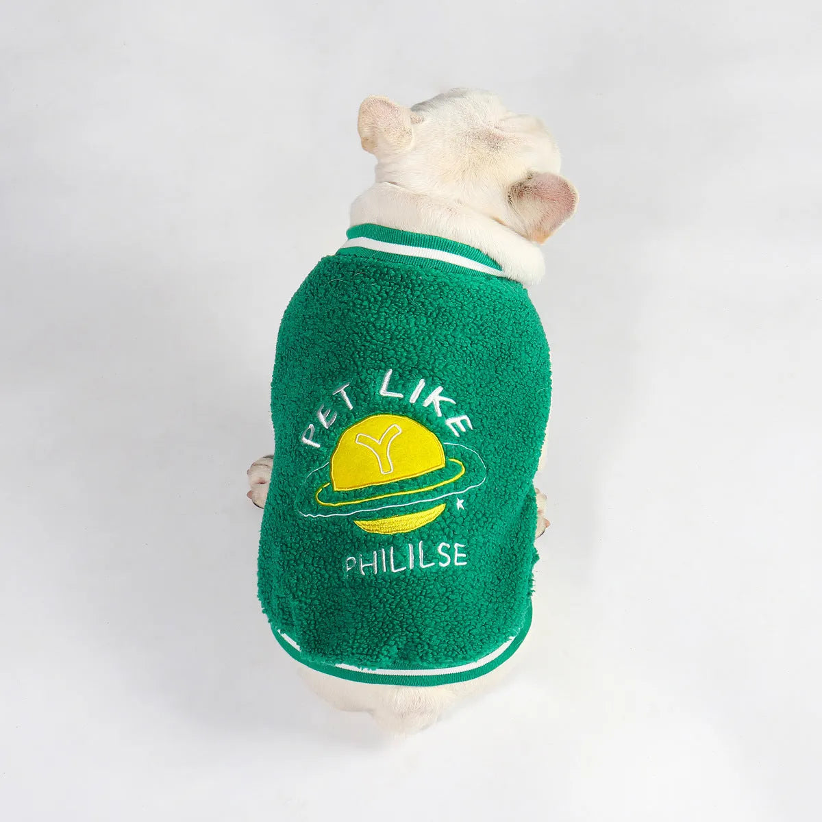 Green dog winter jacket with fleece lining shown in sizes L to 4XL