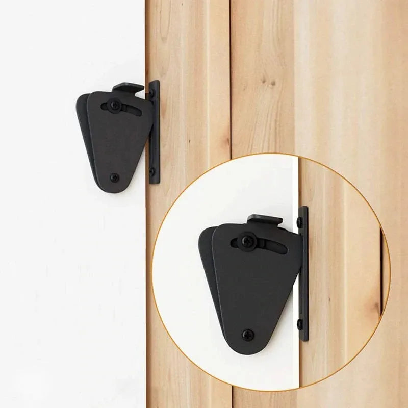 Black stainless steel sliding barn door lock showing two size options for different door gap measurements