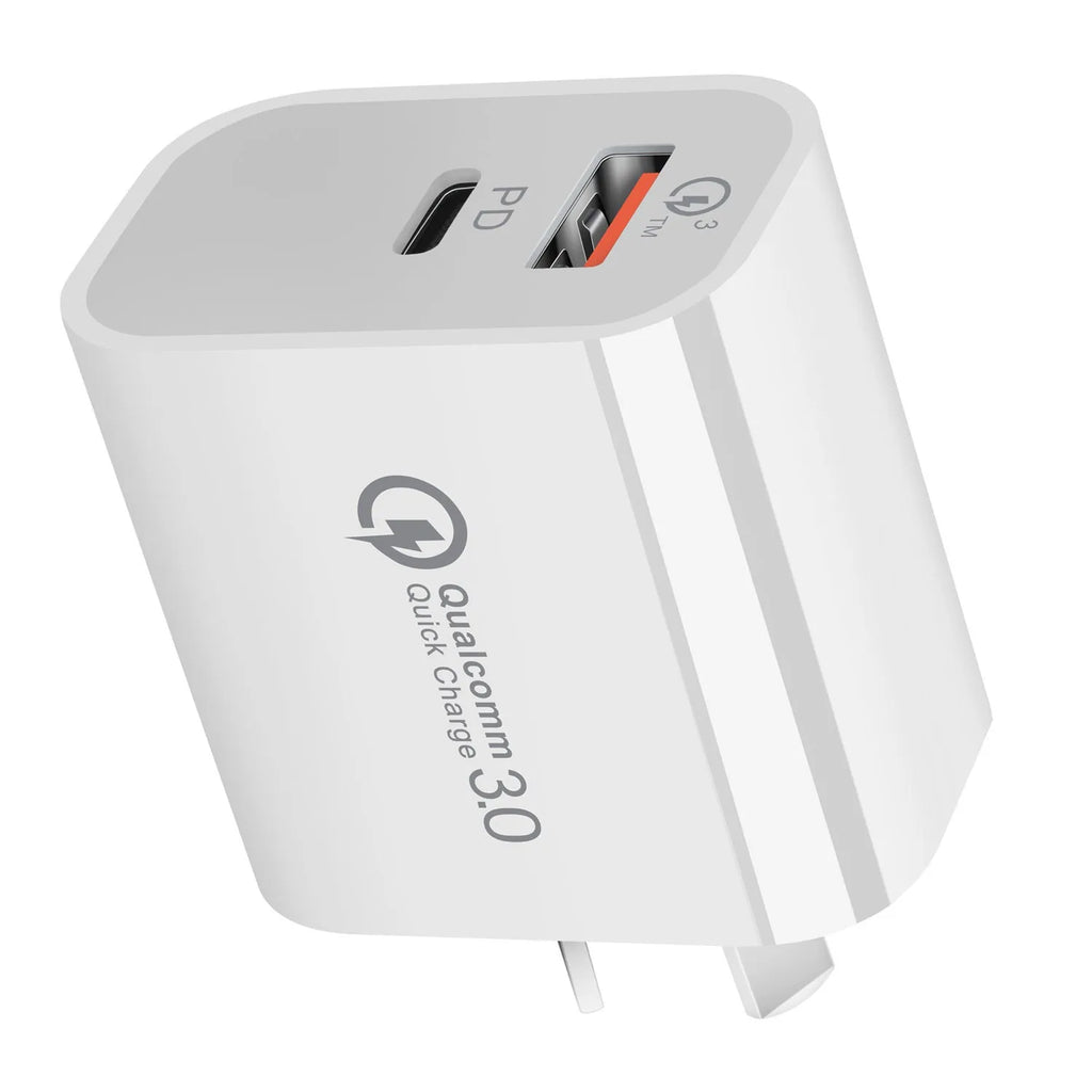 White dual port USB charger with Australian plug, showing USB-A and USB-C ports.