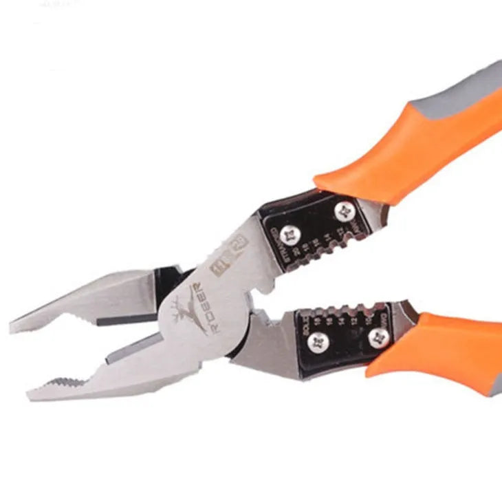 Orange-handled multi-function wire cutter pliers with chrome steel clamp head on a work surface.