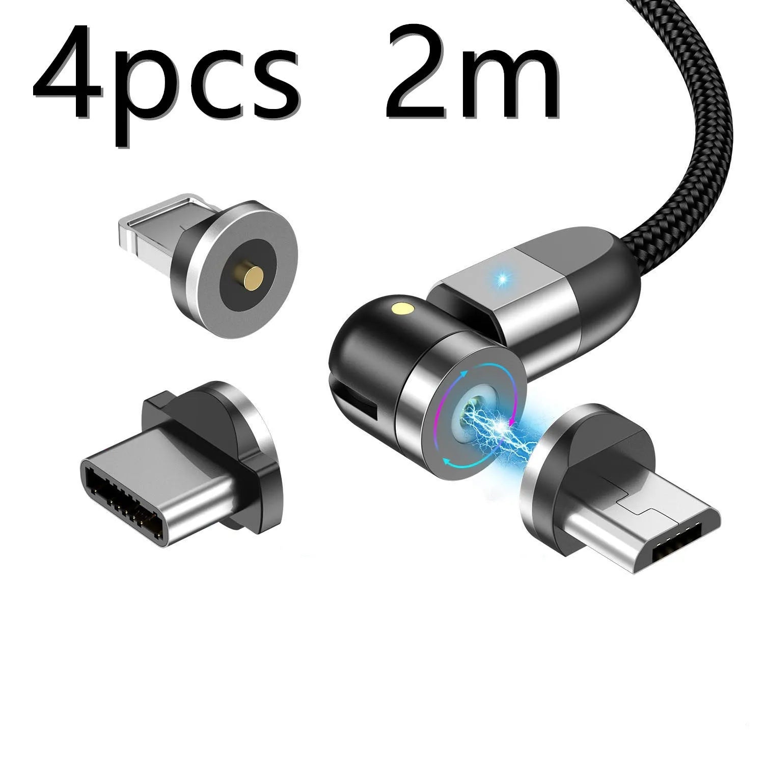 540° magnetic three-in-one data cable with aluminium alloy connector, TPE jacket, and LED indicator light on a table next to a smartphone