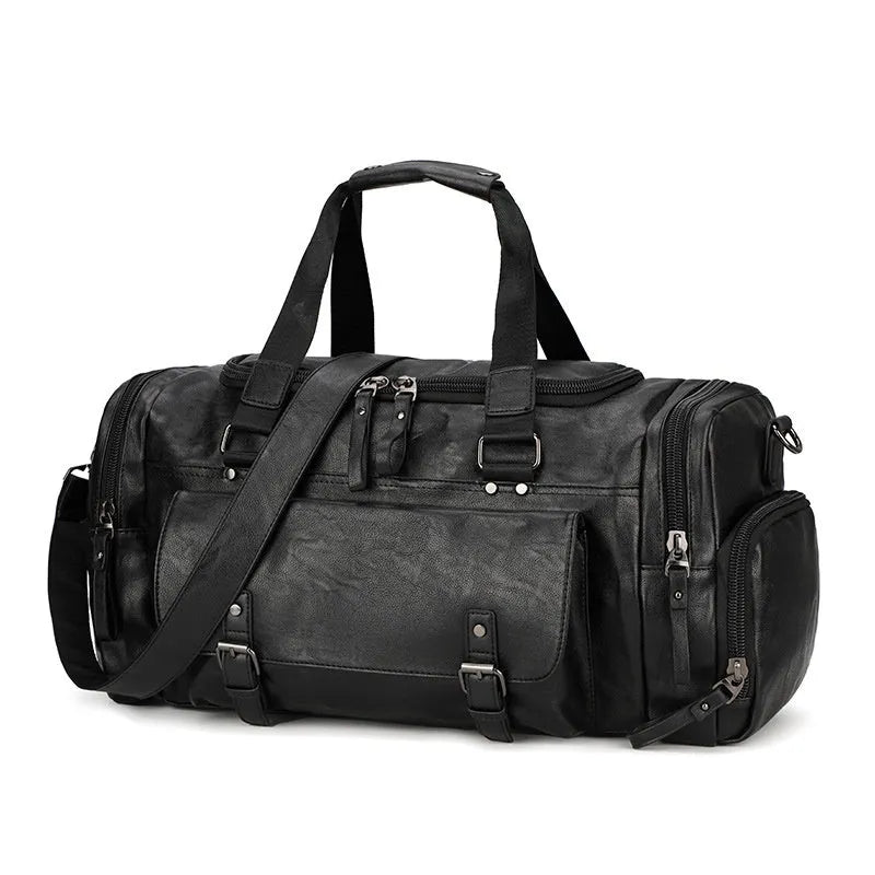 Large black PU travel bag with a dedicated shoe compartment, shown with dimensions of 52cm by 19cm by 27cm.
