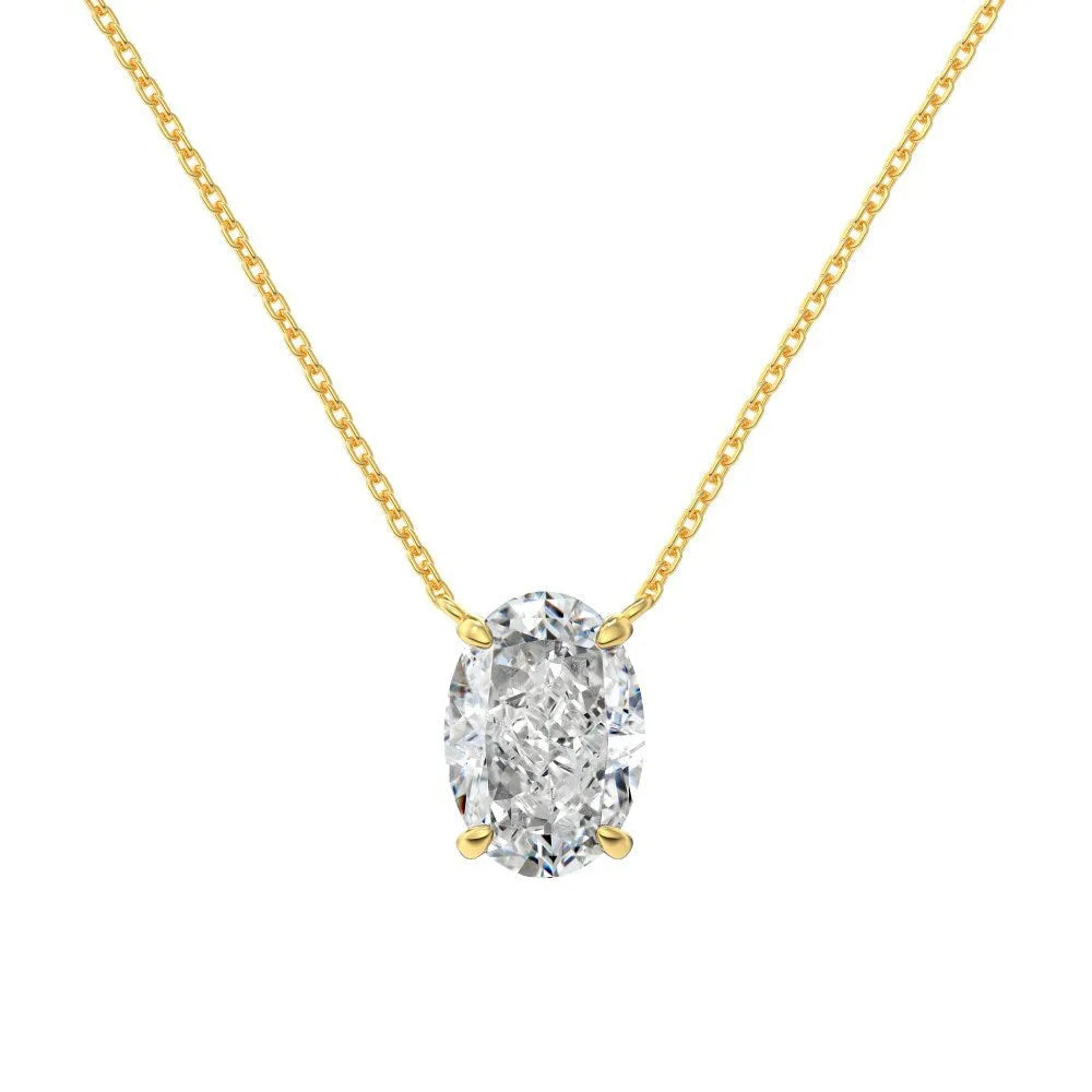Close-up of a geometric oval ice flower pendant on an S925 sterling silver necklace, available in gold or platinum finish.