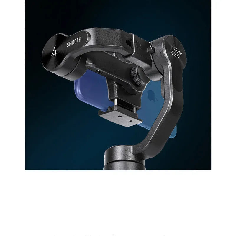 Black handheld smartphone gimbal stabiliser for video filming on a dark background.