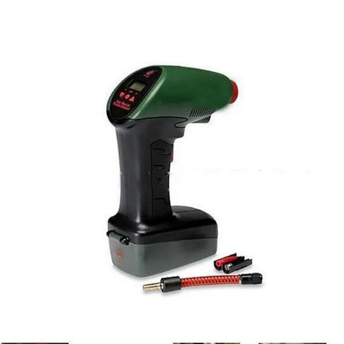 12V portable air compressor in plastic nylon and ABS housing, dimensions 18 x 8 x 25 cm, weight 720g