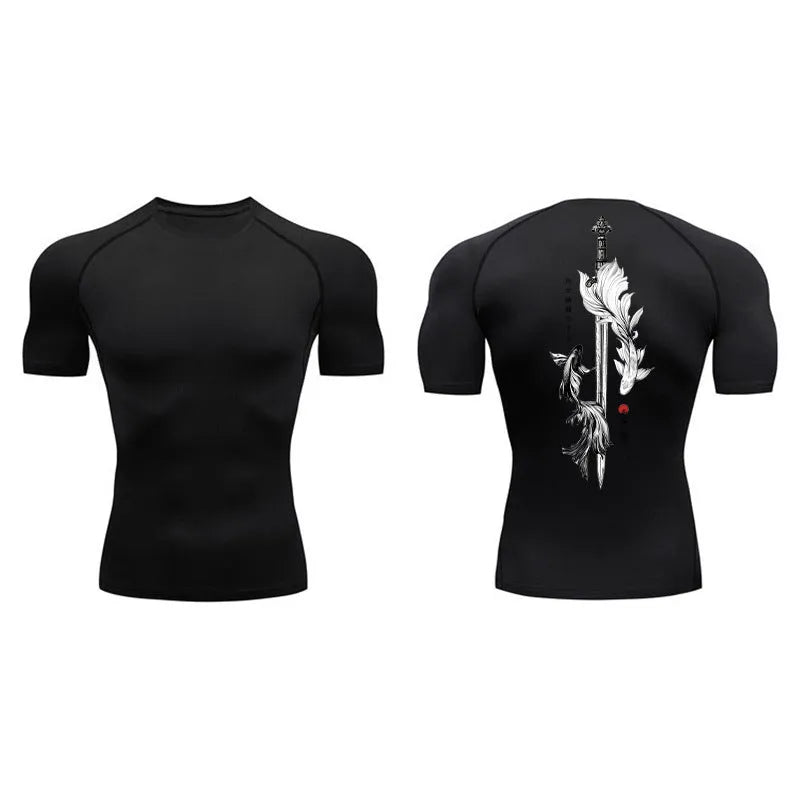 Men's sword printed short sleeve compression shirt in loose fit Asian sizing