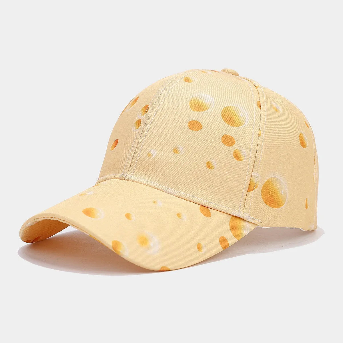 Cheese pattern printed peaked cap with adjustable size and dome crown