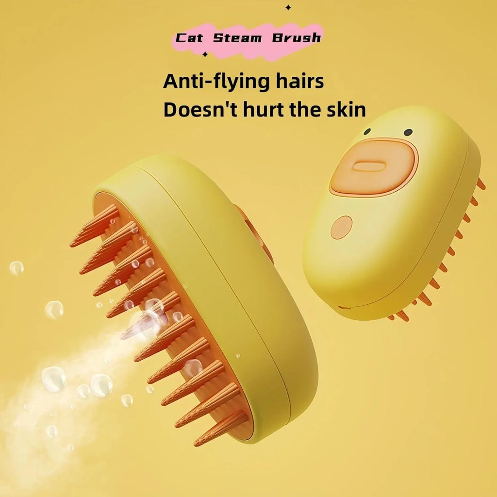 White and yellow pet steam brush with rubber comb teeth and water tank for cats and dogs