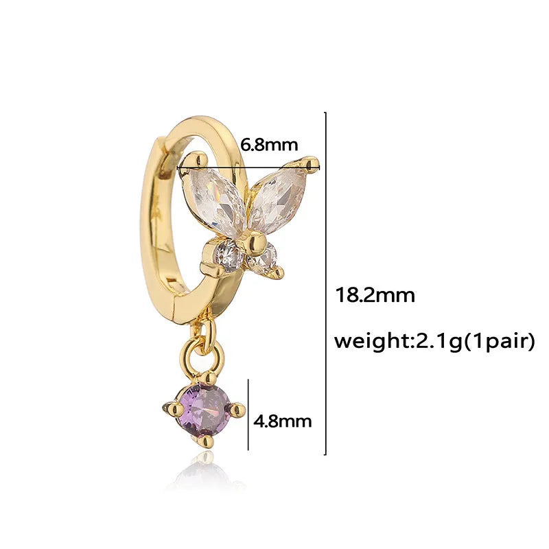 Copper earrings with inlaid colour diamond butterfly fringe design on white background