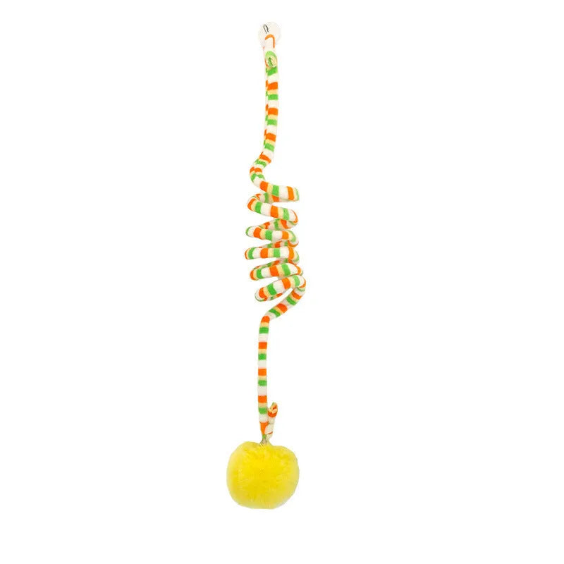 Spring cat toy with bell stick and inflatable ball attached to door with suction cup