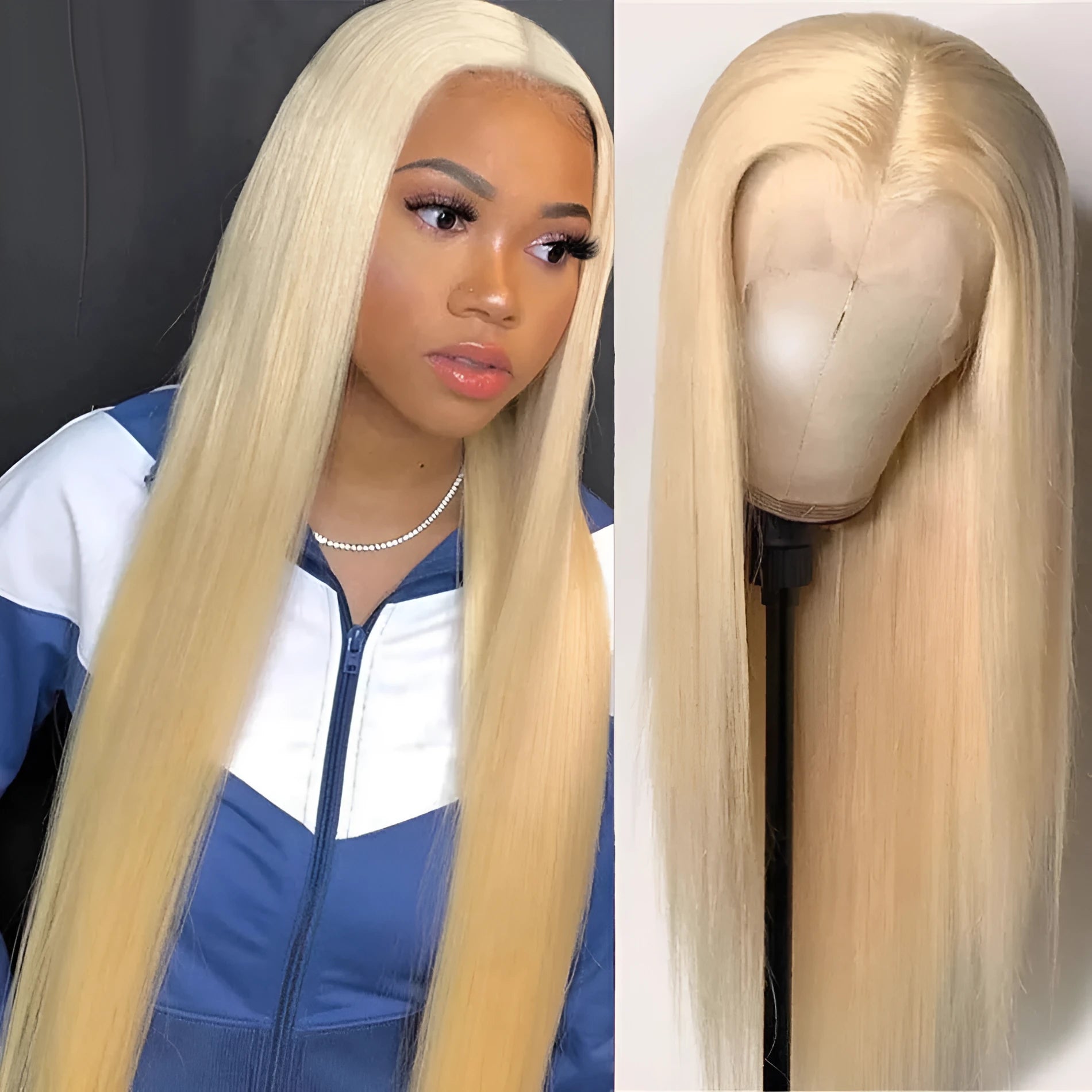 Reality gold long straight lace wig made from real human hair, medium length, side view on mannequin
