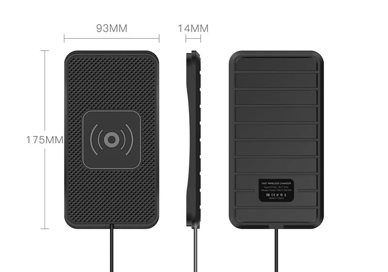 Black anti-slip car wireless charger compatible with Apple iPhone, 175x93x14mm, placed on car dashboard