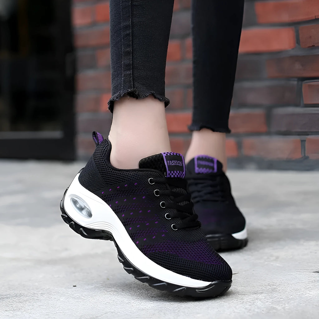 Ladies mesh lace-up walking shoes in breathable fabric, side view, available in multiple colours