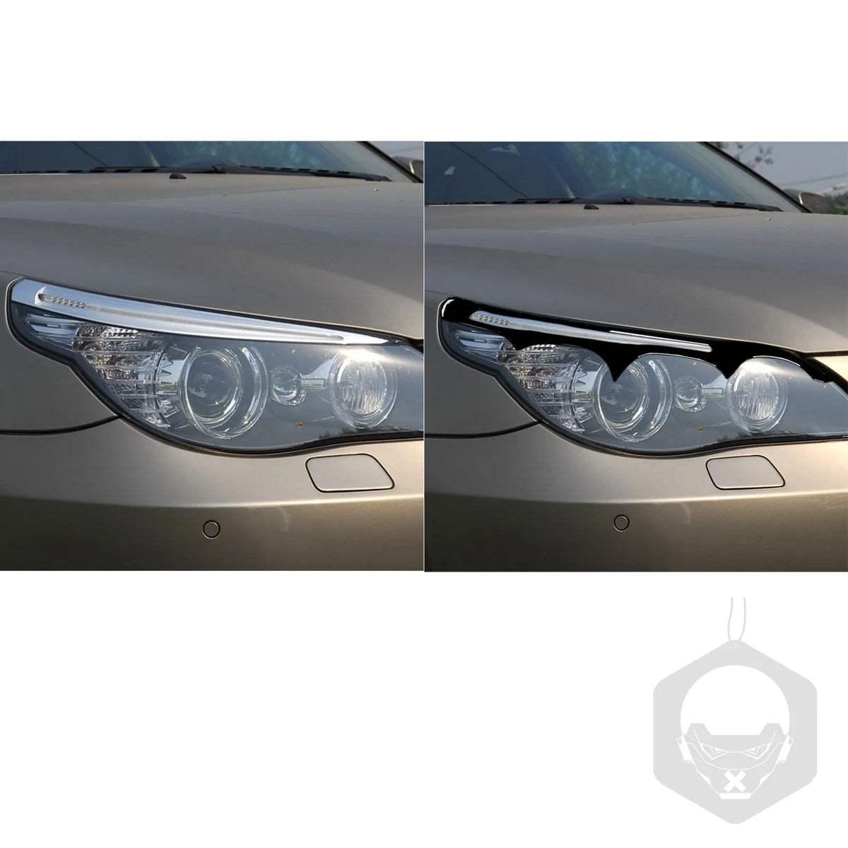BMW 5 Series E60 front headlight with 3D decorative sticker in piano black finish