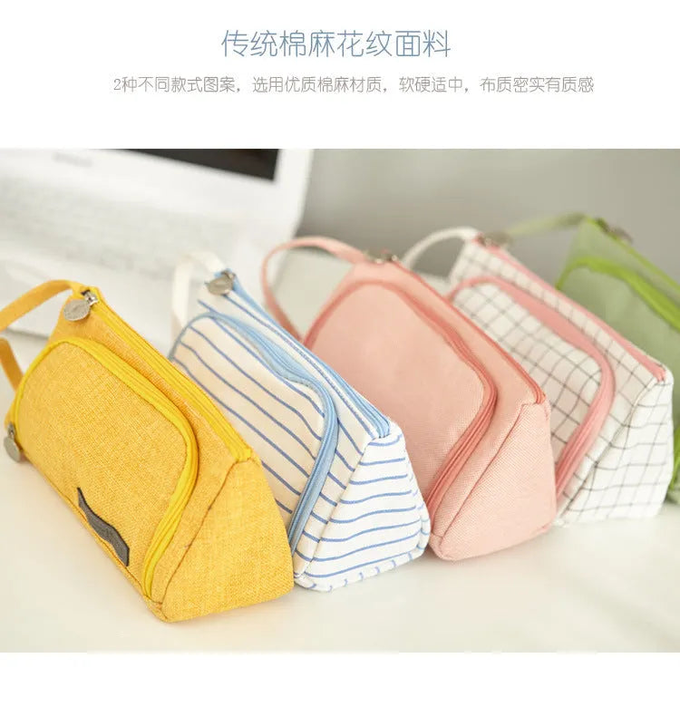 Square canvas pencil case with striped pattern, Korean style, in one of 15 colours