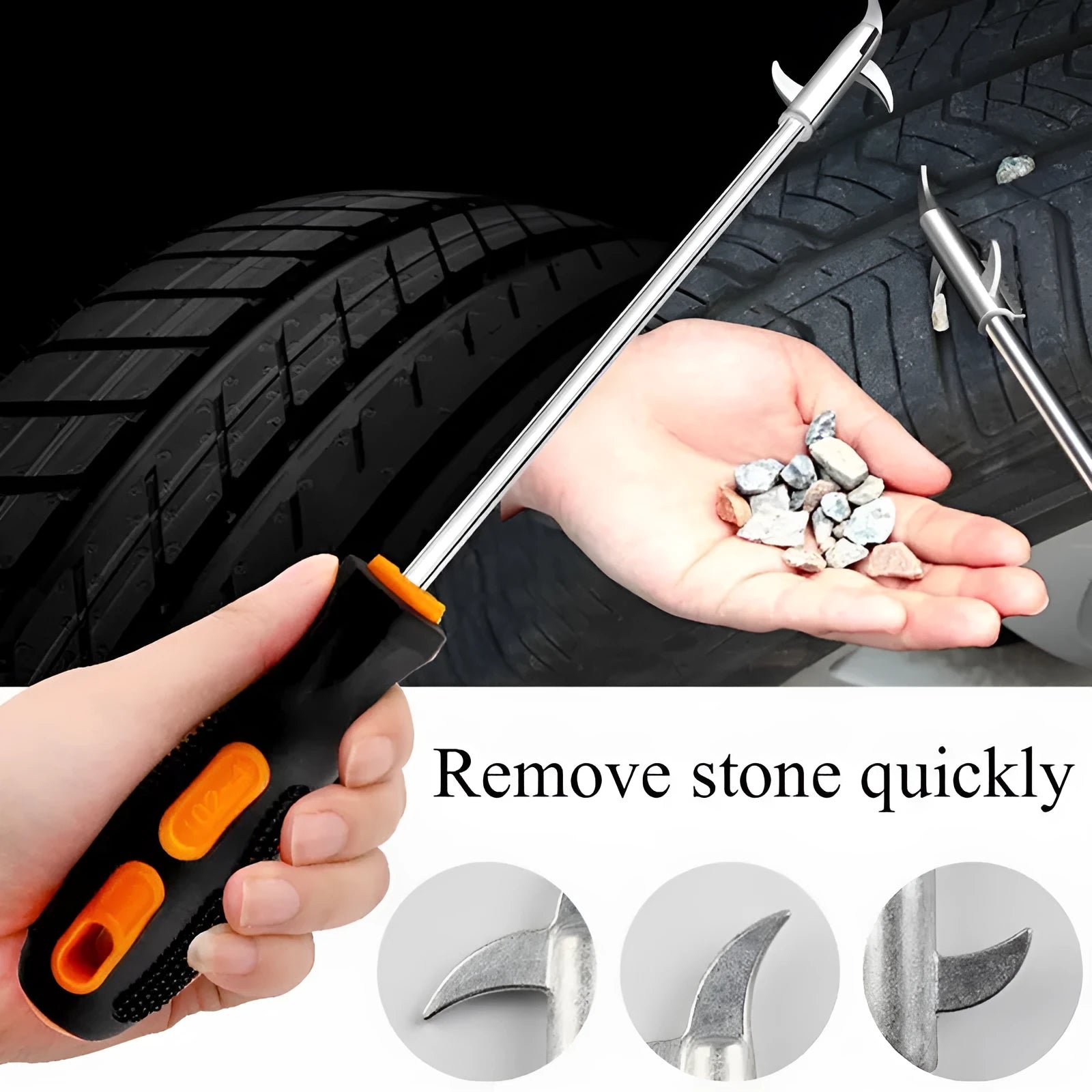Car tyre cleaning hook made of zinc alloy and hard plastic with a built-in Phillips screwdriver