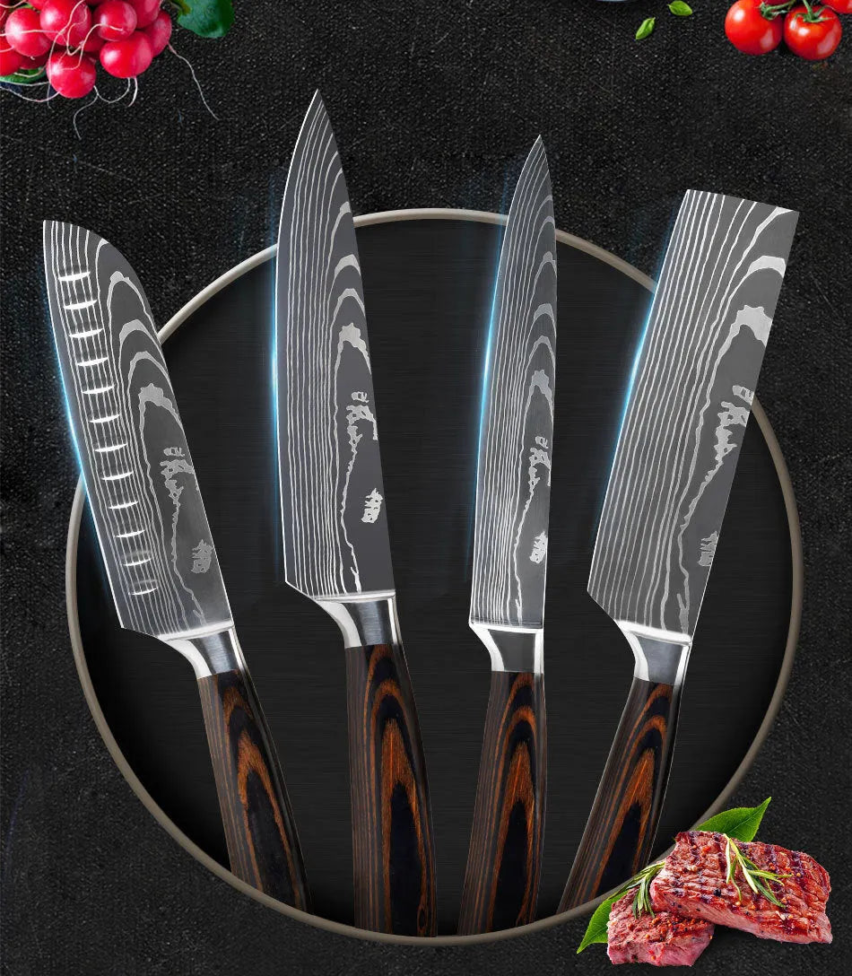 7CR17 stainless steel chef knife with laser Damascus pattern and colour steel handle, blade length 18cm.