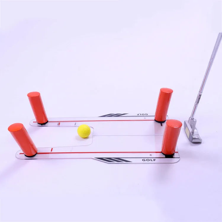Red plastic putting practice mirror for golf alignment training, compact size
