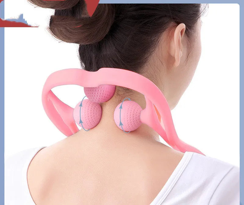 Three-ball manual cervical spine massager for head, neck, legs and feet in pink and light blue