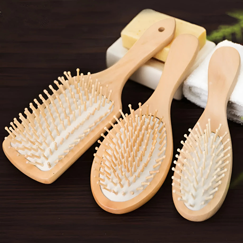 Wooden paddle cushion hairbrush with cushioned bristles, 22cm length for scalp massage and detangling